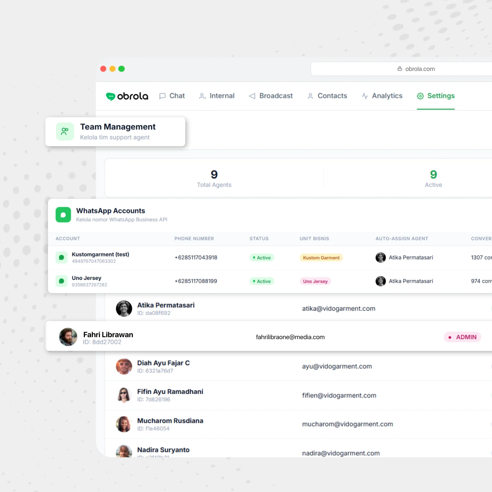 Obrola team management — agent list with roles and WhatsApp Business numbers mapped to business units.